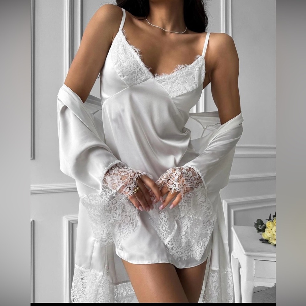 WORN ONCE - White Satin Nightgown & Matching Robe